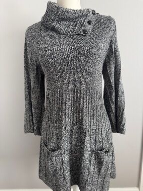 Marled Black/White Button Cowl Neck Sweater Tunic